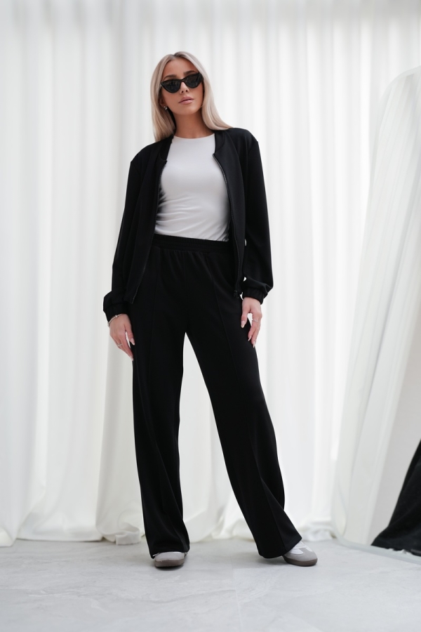 Luksusowy Komplet Damski Masełko Bluza Rozpinana + Spodnie Wide Leg Premium Soft Touch Elegancja & Komfort-CZARNY